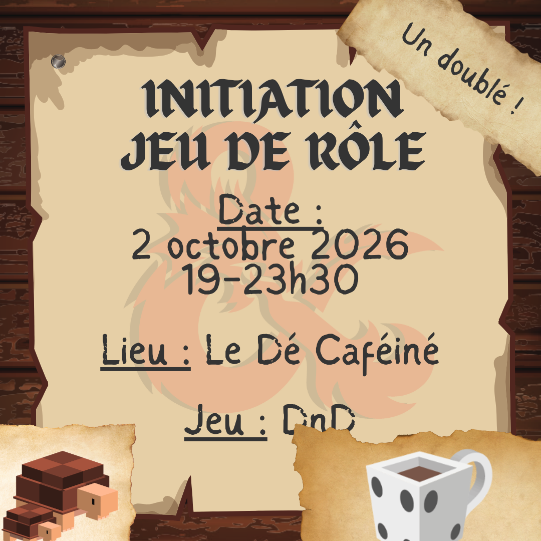 Initiation jeu de rôle 2 octobre 2026 de 19h à 23h Le Dé Caféiné DnD