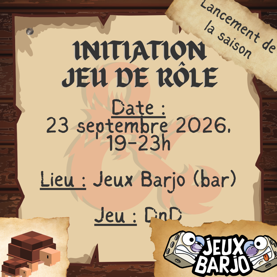Initiation jeu de rôle 23 septembre 2026 de 19h à 23h Jeu Barjo Bar DnD